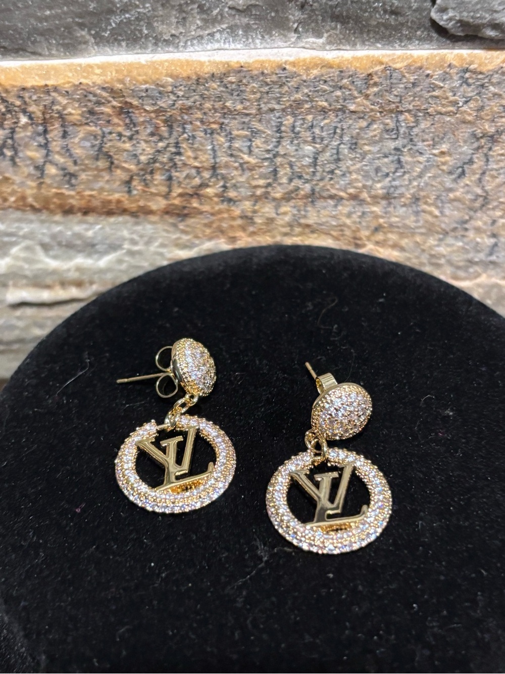 Gold Crystal Round Drop Earrings with LV Monogram
